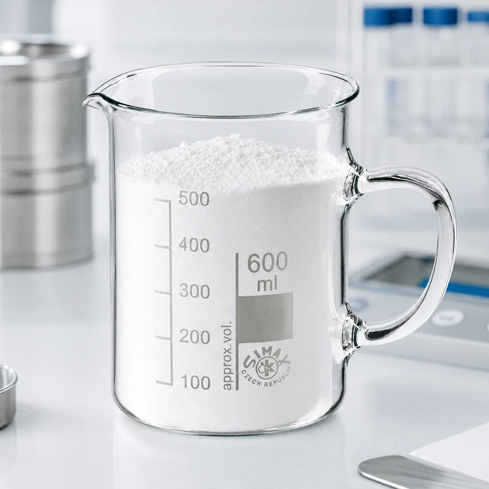 Bicchiere da 600 ml in vetro borosilicato, con manico Bicchiere da laboratorio da 600 ml con manico, pieno di polvere bianca su un piano di lavoro bianco