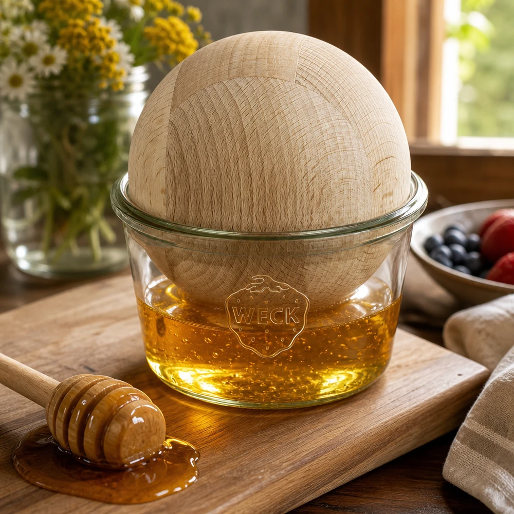 Bicchieri WECK RR100 da 370 ml con sfera in legno di faggio Vasetto WECK da 370 ml come dosatore di miele con pallina di faggio su tavoletta di legno accanto al cucchiaio da miele Decorazione naturale per la cucina