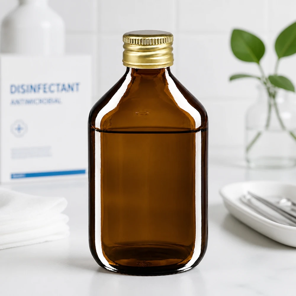 Flacone per medicinali da 300 ml marrone, con tappo in alluminio dorato Ap Flacone per medicinali da 300 ml marrone, con tappo in alluminio dorato Ap