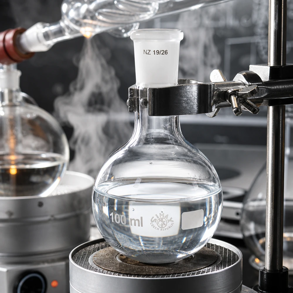 Fiaschetta da 100 ml con giunto standard smerigliato (19/26) Fiaschetta da 100 ml con forma rotonda ergonomica - vetro resistente agli agenti chimici e giunto smerigliato NS 19/26