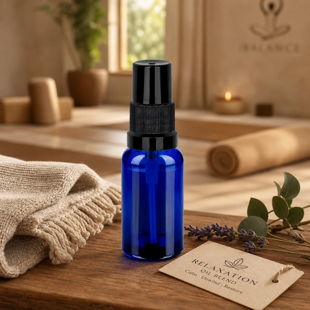 Flacone spray durevole da 20 ml in vetro blu spesso con sistema di spruzzatura nero resistente alla corrosione