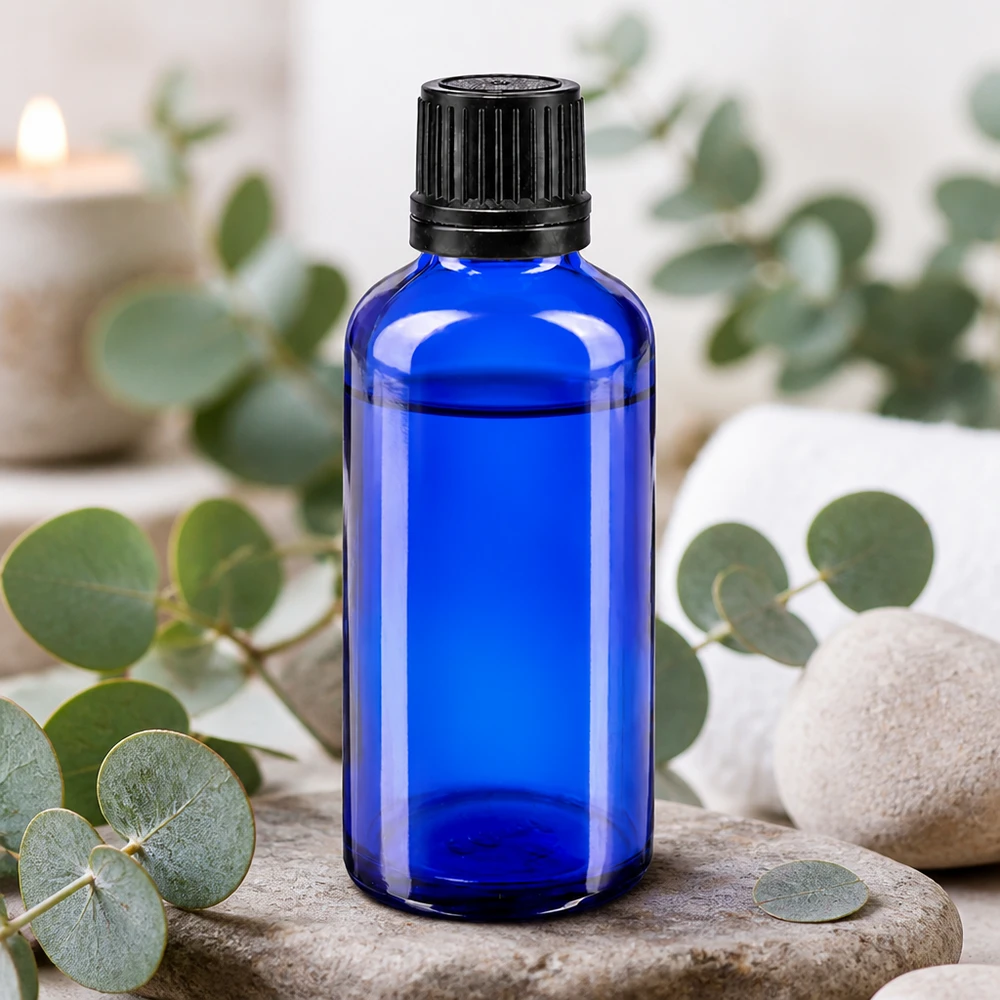 Flacon en verre bleu cobalt de 50 ml avec bouchon à vis noir, posé sur des pierres naturelles agrémentées de brindilles d'eucalyptus
