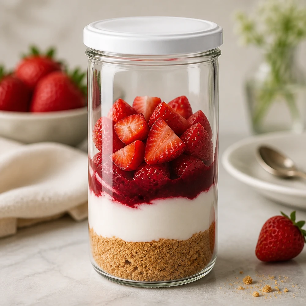 277ml Sturzglas mit BasicSeal Deckel weiß UNiTWIST 277ml Sturzglas befüllt mit Erdbeerdessert - Schichtdessert im Einmachglas mit Keksboden und frischen Früchten