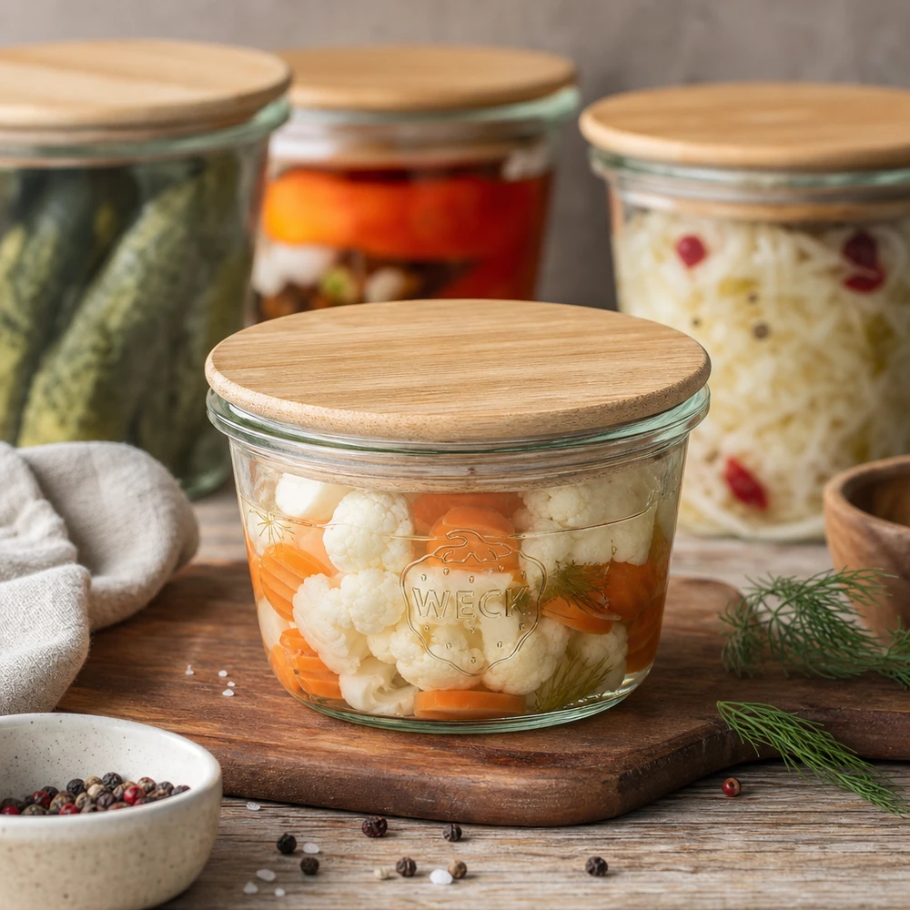 Mini barattolo da 50 ml WECK RR60 con coperchio in legno WECK mini mason jar 50ml riempito con cavolfiore e carote come vaso da conserva con coperchio in bambù su tavola di legno