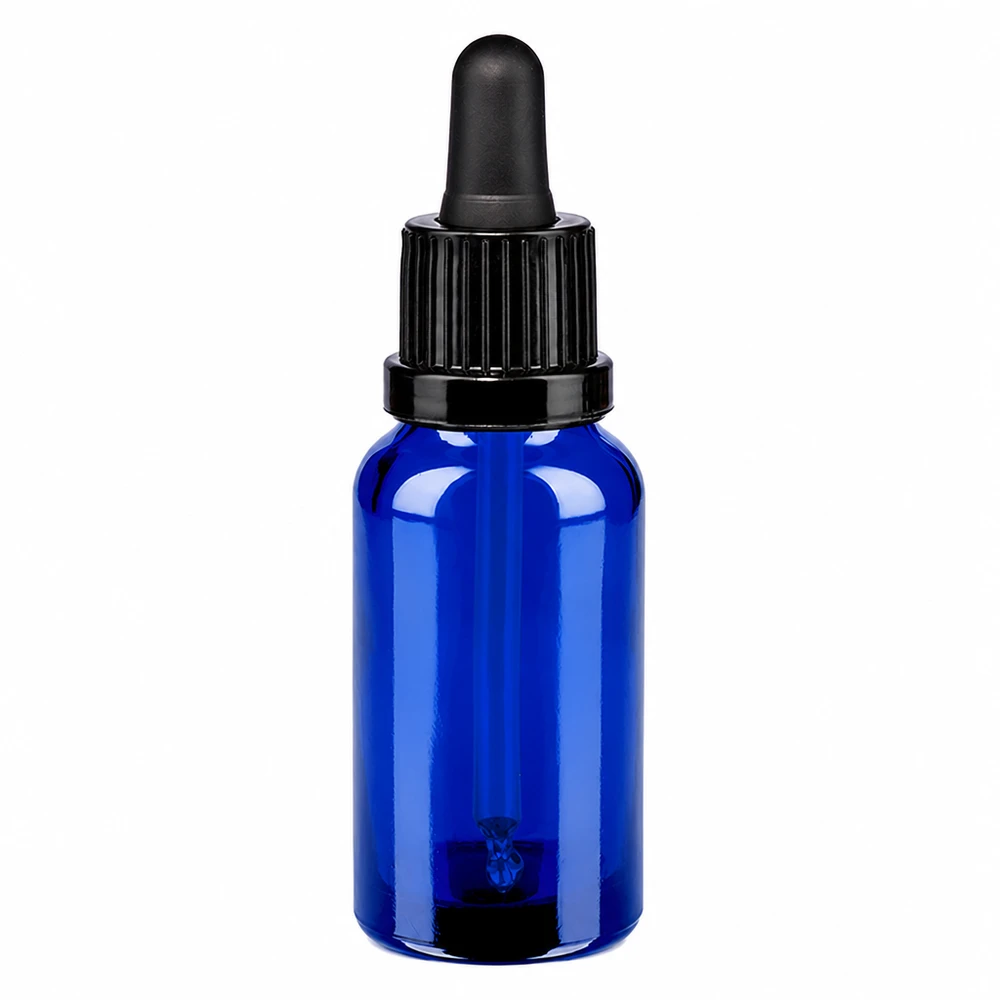 Flacon à pipette 20ml noir OV BlueLine UT18/20 Flacon compte-gouttes bleu de 20ml avec pipette noire - protection UV garantie par le verre teinté
