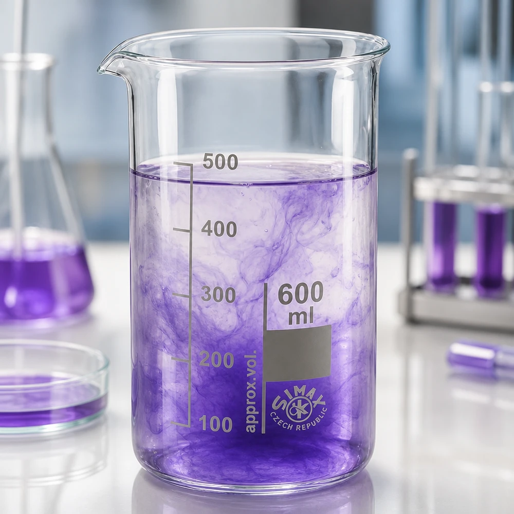 Bicchiere da 600 ml in vetro borosilicato, forma alta Bicchiere da laboratorio da 600 ml, forma alta, in vetro borosilicato, con liquido viola e graduazione, da laboratorio