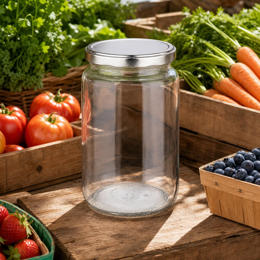 Barattolo rotondo da 795 ml con coperchio BasicSeal in una cucina rustica all'aperto circondata da frutta e verdura fresca