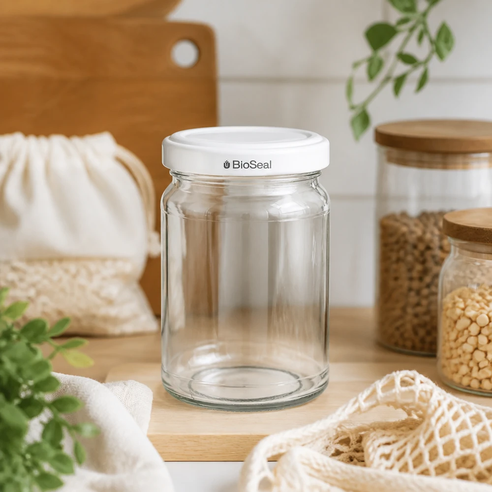 UNiTWIST Runda205 bocal de stockage vide avec couvercle TO58 BioSeal dans une cuisine durable avec des sacs en jute et des légumineuses