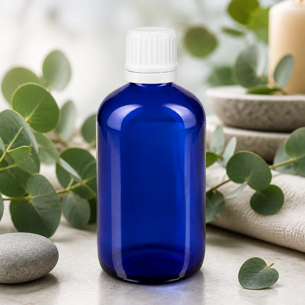 Flacon de pharmacie bleu de 100 ml muni d'un bouchon compte-gouttes blanc, entouré de branches d'eucalyptus et de pierres de spa