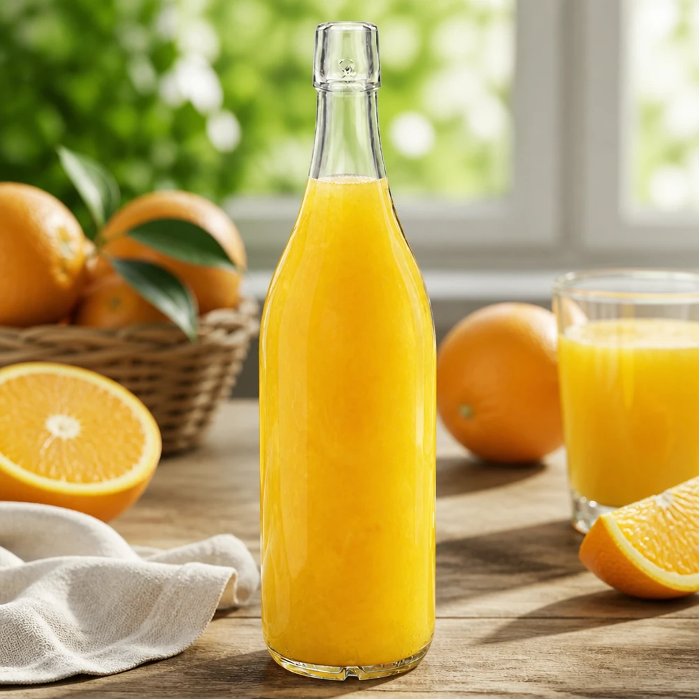 Bottiglia di vetro 1000ml UNiTWIST riempita di succo d'arancia fresco arance tavolo cucina luce naturale sano