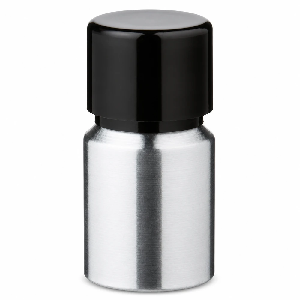 10ml geschliffene Aluflasche mit Schraubkappe Zylindrische Aluminium-Flasche 10ml mit schwarzer Kappe für präzise Dosierung