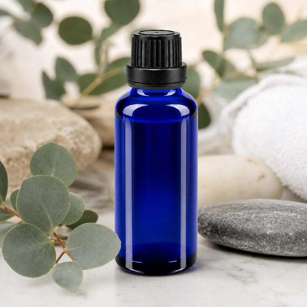 Flacon compte-gouttes de 30 ml en verre de pharmacie bleu cobalt, muni d'un bouchon d'inviolabilité noir à sécurité enfants