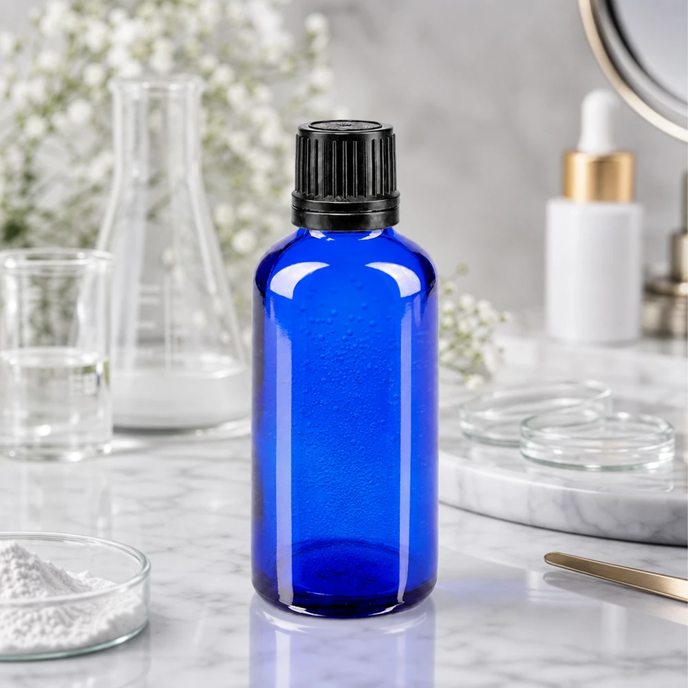 Apothekenflasche blau 50ml Schraubverschluss schwarz Giessring Originalitätsverschluss Zylindrische 50ml Apothekerflasche aus kobaltblauem Glas mit OV-Verschluss in 8mm Öffnung