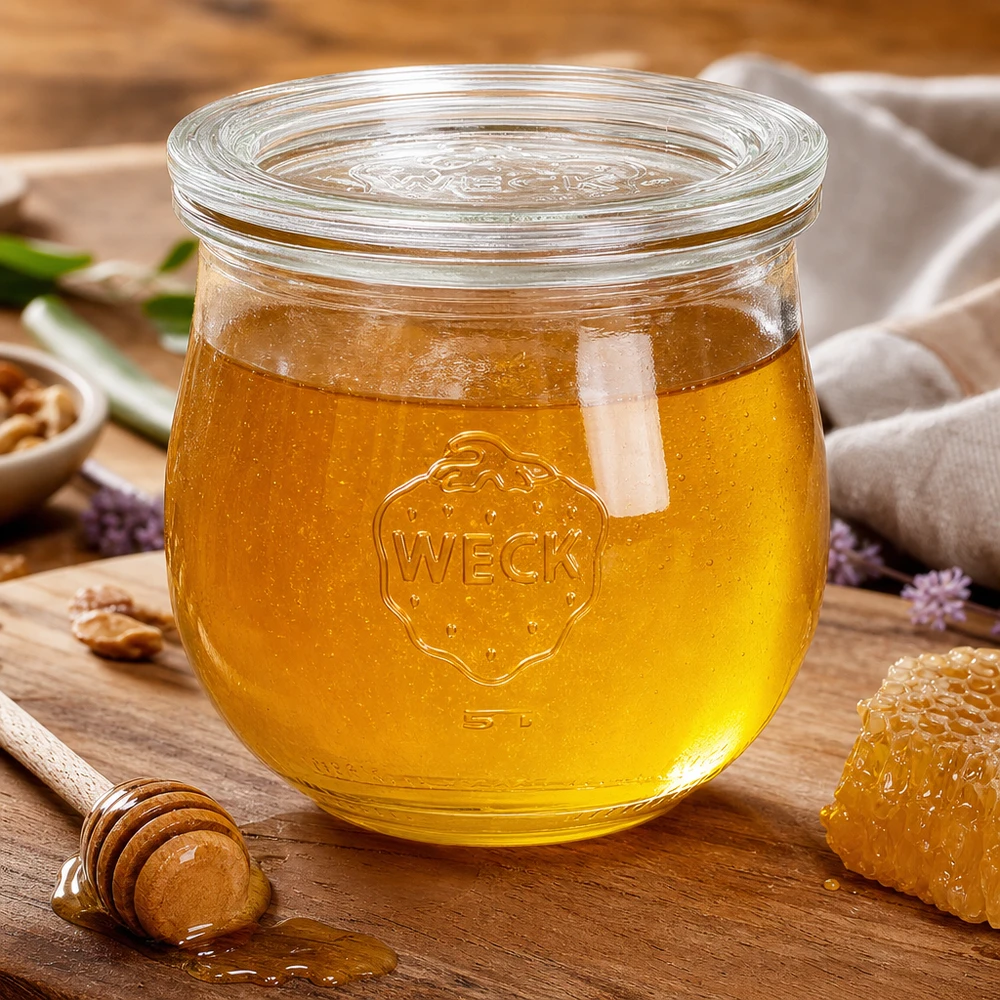 Barattolo a tulipano da 370 ml con coperchio in vetro WECK RR80 Vaso a tulipano WECK da 370 ml RR80 riempito di miele su una tavola di legno con nido d'ape e cucchiaio da miele come decorazione