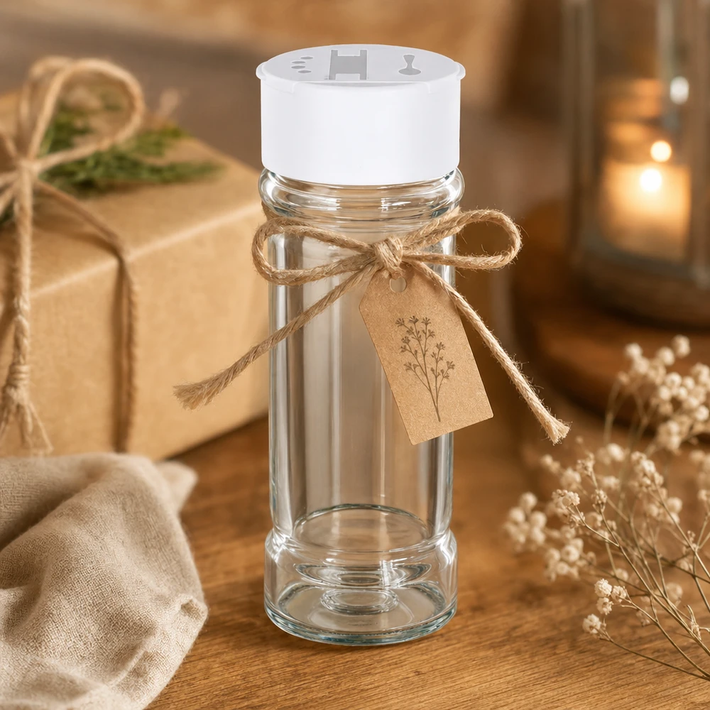 Pot à sel/épices 100 ml avec double saupoudreuse, blanc Schlankes Glasgewürzbehälter 100ml mit weißem Doppelstreuerdeckel dekoriert mit Juteband als Tischdekoration