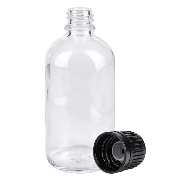 100ml (Globul)Flas. 3mm GR s. STD ClearL. UT18/100 Flacone trasparente da 100 ml in vetro trasparente con tappo in plastica nera