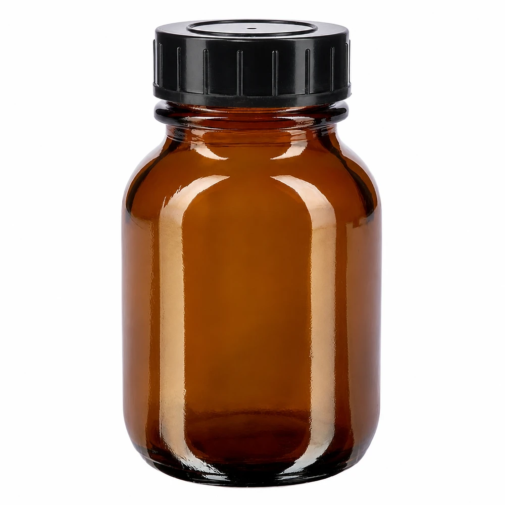 Bottiglia a collo largo da 50 ml in vetro ambrato con tappo a vite nero per una conservazione sicura