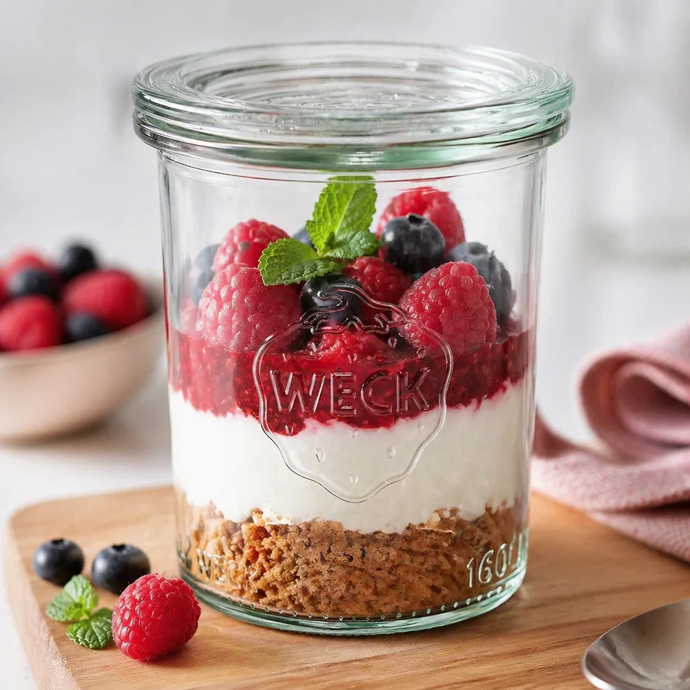 Bocal en verre de 160 ml avec couvercle en verre WECK RR60 WECK Sturzglas 160ml befüllt mit Dessert aus Keksboden, Creme und Beeren als Anwendungsbeispiel