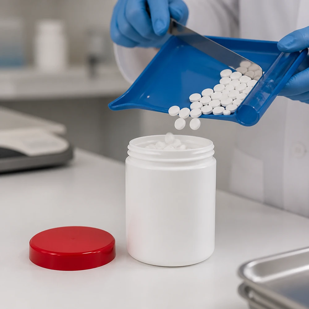 Pot à onguent blanc 100 g avec couvercle rouge (PP) Du personnel de laboratoire portant des gants bleus remplit un pot en PP de 100 g, blanc, muni d'un couvercle à vis rouge
