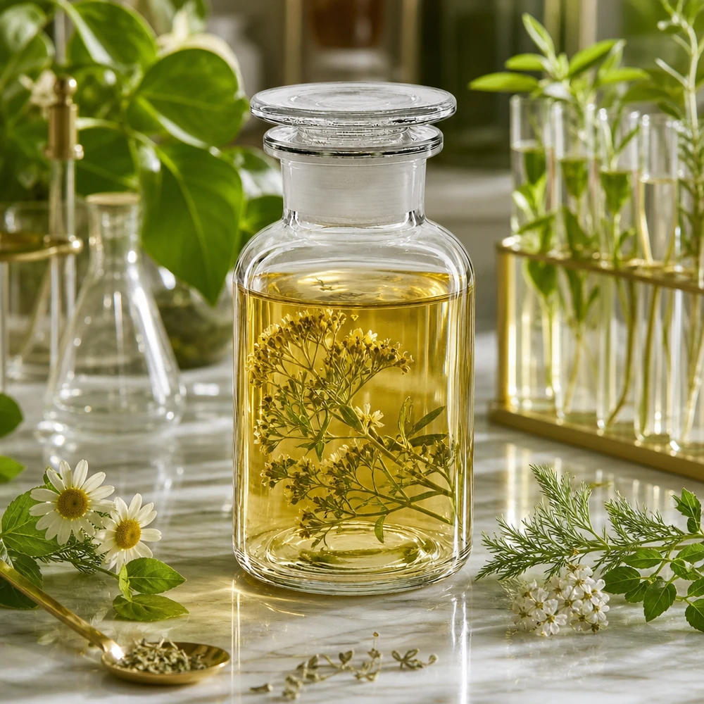 Flacone da farmacia trasparente da 250 ml con tappo in vetro e erbe botaniche su fondo di marmo