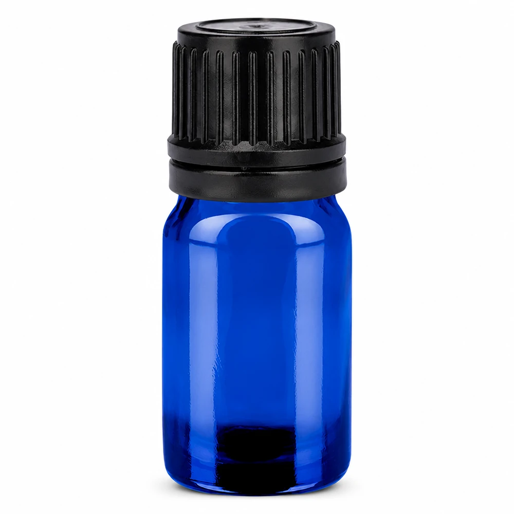 Flacon 5ml 11mm SV noir OV BlueLine UT18/5 Flacon pratique de 5ml en verre bleu avec bouchon noir pour les huiles essentielles