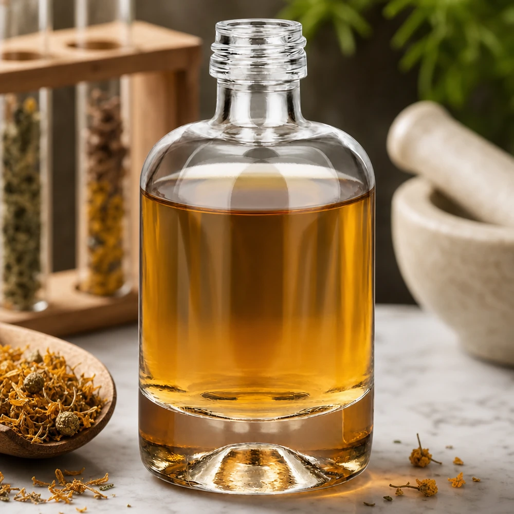 Bottiglia in vetro da 40 ml Sara senza tappo a vite UNiTWIST® Flacone in vetro Sara da 40 ml con liquido giallo oro in un ambiente naturale a base di erbe con mortaio e fiori secchi
