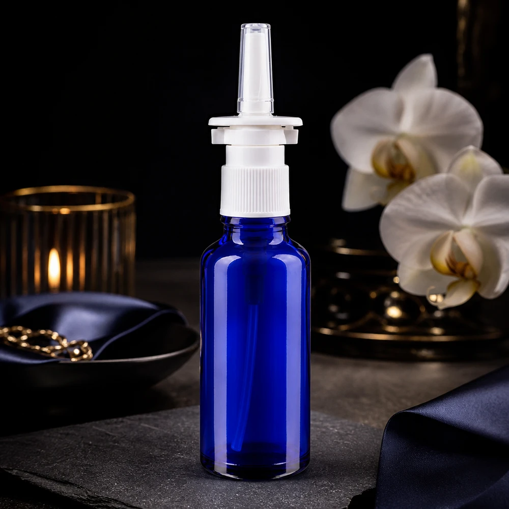 Nasensprayflasche Apothekerglas 30ml blau mit weißem Verschluss und transparentem Applikator