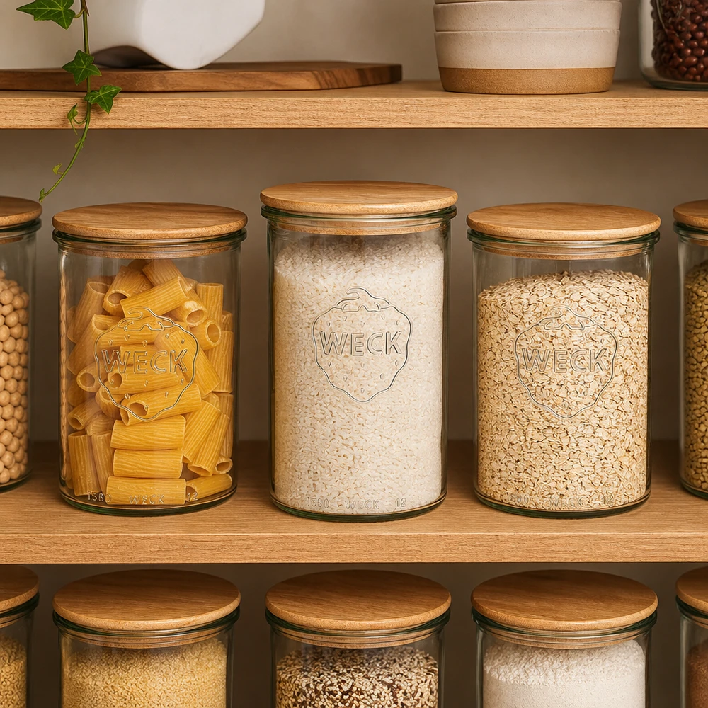 1000ml Sturzglas WECK RR100 mit Holzdeckel WECK Gläser 1000ml mit Holzdeckel als Vorratsdosen für Nudeln Reis und Haferflocken in organisierter Küche