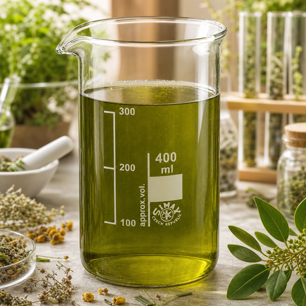 Bicchiere da 400 ml in vetro borosilicato, forma alta Bicchiere da laboratorio da 400 ml, forma alta, con estratto di erbe verde circondato da piante medicinali fresche e fiori secchi