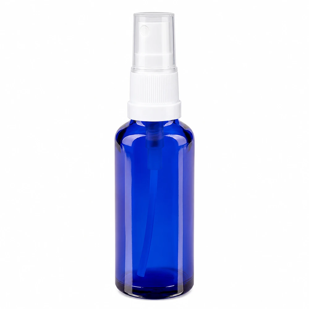 Apothekenflasche blau 30ml Sprayaufsatz weiß Kompakte 30ml Sprühflasche aus UV-schützendem blauem Glas mit weißem Dosierpumpkopf