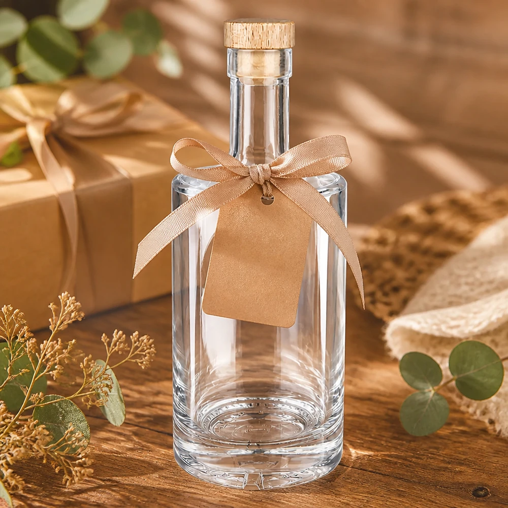 Bottiglia in vetro da 500 ml Nora con tappo in sughero con impugnatura in legno UNiTWIST® Bottiglia in vetro da 500 ml Nora confezione regalo con fiocco etichetta in carta kraft tappo in legno UNiTWIST decorazione in eucalipto