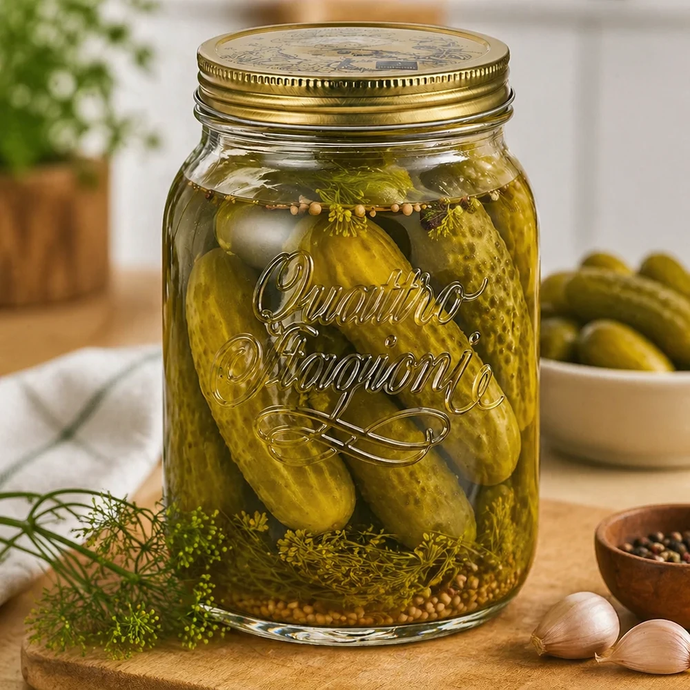Barattolo rotondo "Quattro Stagioni" da 2000ml con coperchio Quattro Stagioni vaso da 2 litri con cetriolini e aneto - vaso per sottaceti fatti in casa