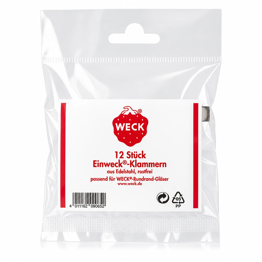 Morsetti originali WECK (confezione da 12) WECK Klammern Verpackungsrückseite mit Produktdetails 12 Stück Edelstahl rostfrei für Rundrand Gläser Original