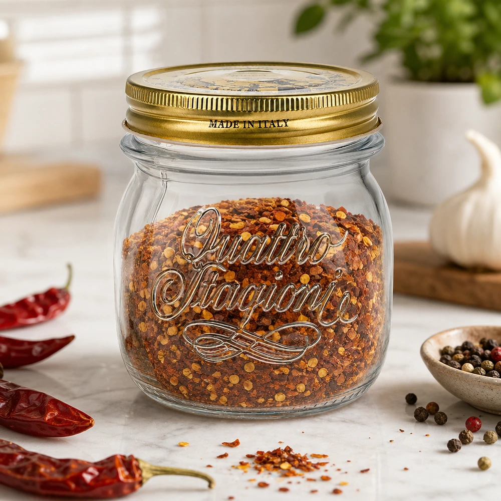 250ml Quattro Stagioni Rundglas mit goldenem Deckel gefüllt mit Chili-Gewürzmischung auf Küchenarbeitsplatte