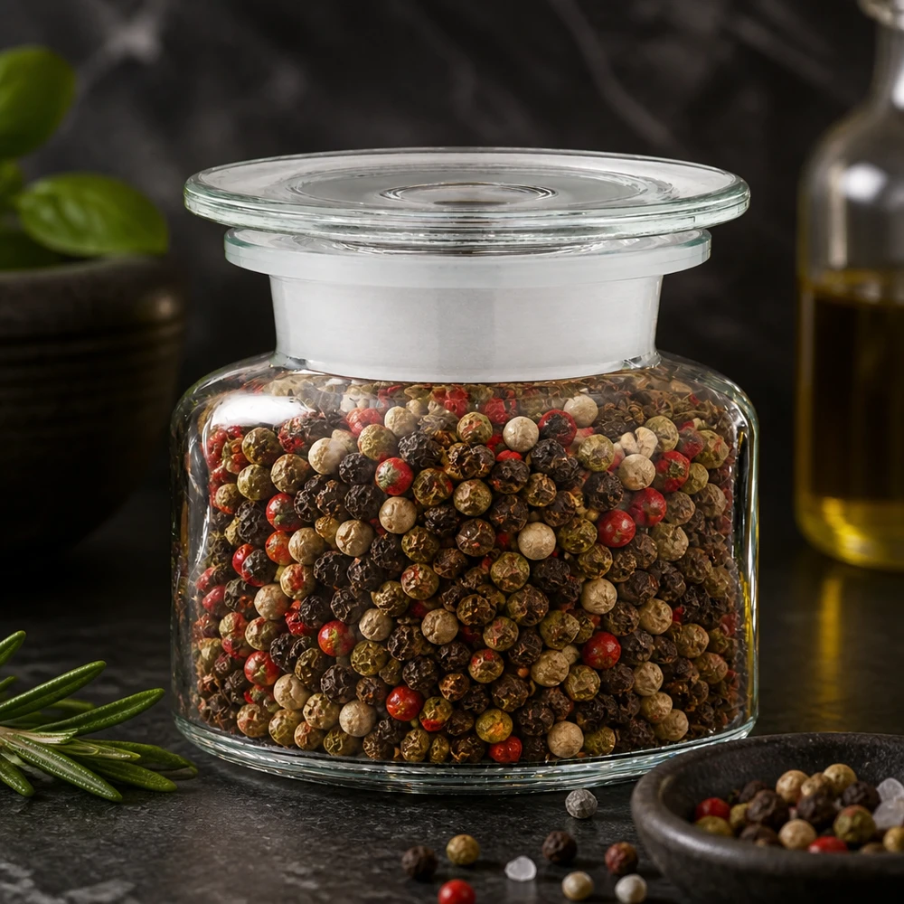 Idea barattolo per spezie: bottiglia per spezie da 100 ml a bocca larga in vetro trasparente Flacone da farmacia in vetro trasparente da 100 ml a collo largo con grani di pepe multicolori su sfondo scuro
