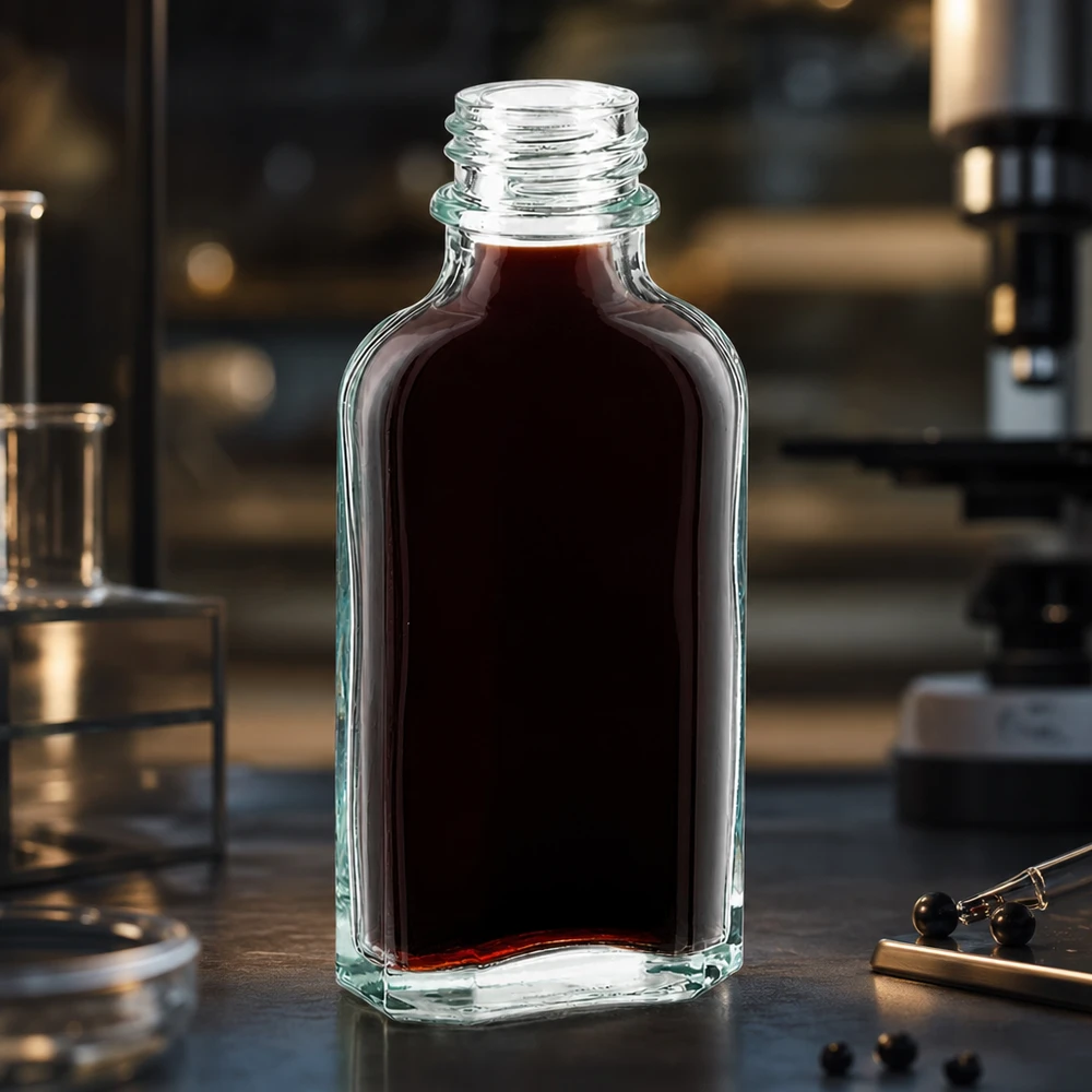 50 ml Meplatflasche klar DIN22 Offene 50 ml Meplatflasche klar mit dunkelrotem Inhalt auf Labortisch