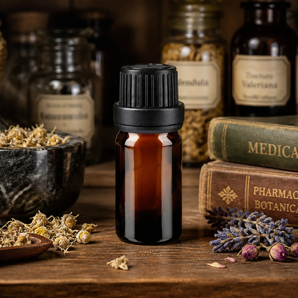 Kompakte 5ml Braunglasflasche mit schwarzem Sicherheitsverschluss in apothekentypischer Umgebung