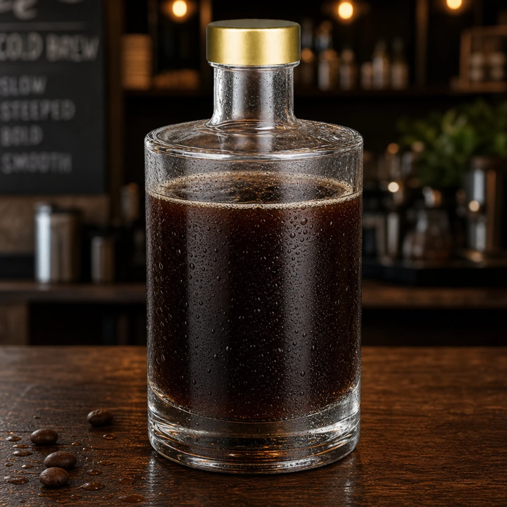 Bottiglia in vetro da 375 ml Sam + tappo a vite oro UNiTWIST® 375ml Glasflasche Sam mit Kaffeespezialität gefüllt goldener Schraubverschluss UNiTWIST Café Atmosphäre Kaltgetränk