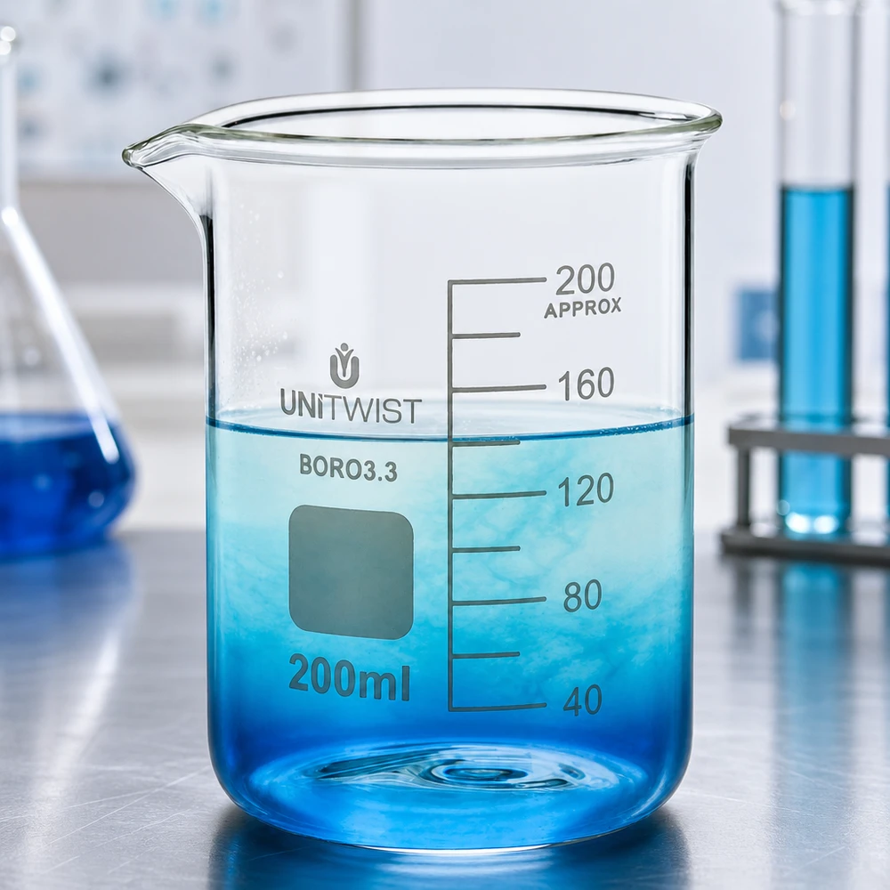 Bicchiere da 200 ml in borosilicato, stampo basso UNiTWIST Becher da laboratorio trasparente da 200 ml con graduazione fino a 200 ml e beccuccio in vetro borosilicato 3.3