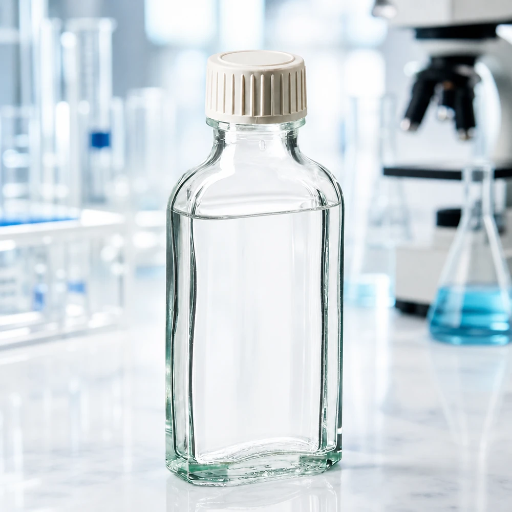 Tappo a vite trasparente Meplat da 50 ml con inserto in schiuma PE Flacone Meplat in vetro trasparente da 50 ml con tappo in plastica bianca in laboratorio