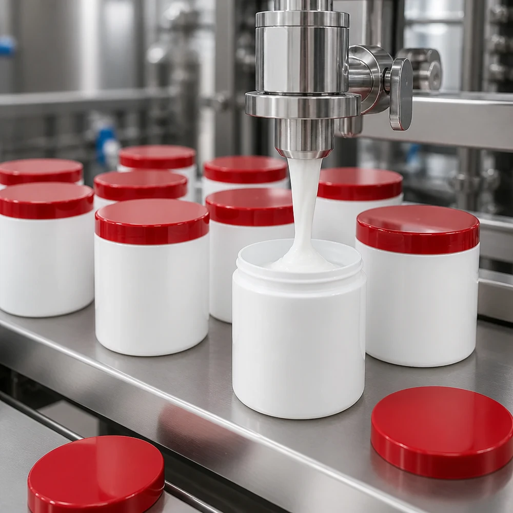 Production en série de pots à pommade blancs de 500 g avec couvercle à vis en PP rouge sur une chaîne de production en acier inoxydable