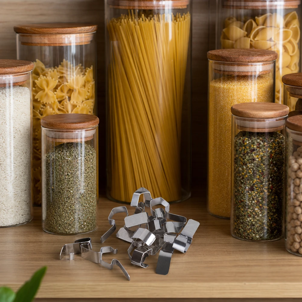 Morsetti di conservazione in acciaio inox su un tavolo di legno accanto a barattoli con spezie per la pasta e utensili da cucina