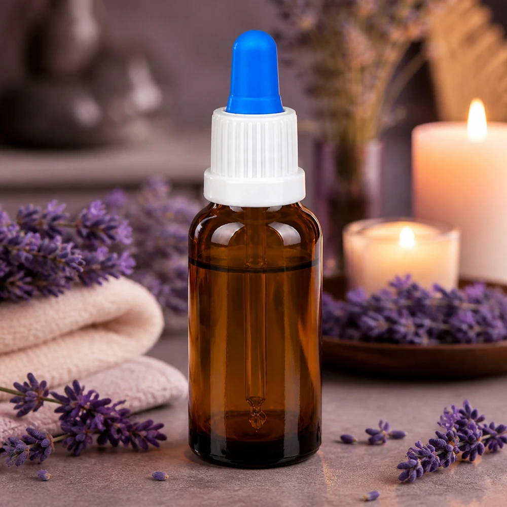 Flacone a pipetta compatto da 20 ml in vetro ambrato con tappo a vite bianco e contagocce blu