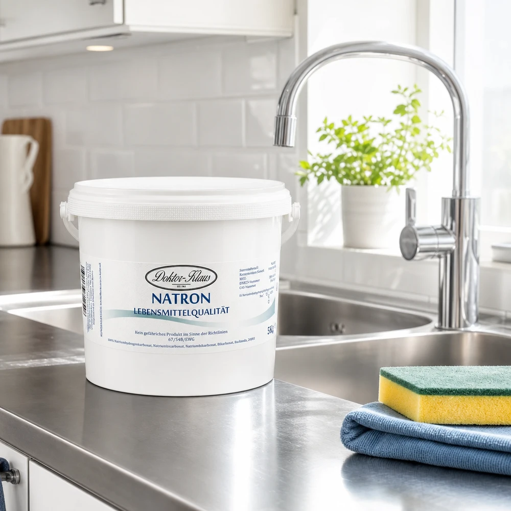 Secchio Natron Doktor Klaus da 5 kg accanto a strofinaccio e spugna sul lavello in acciaio inox della cucina chiara