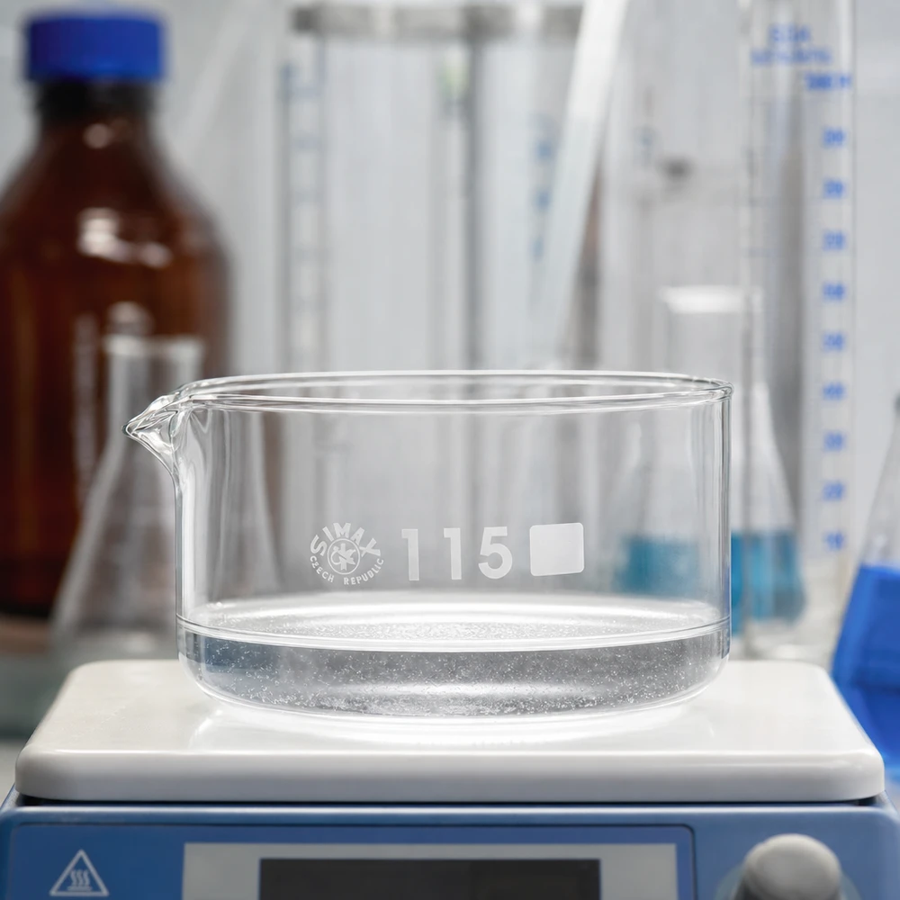 Niedrige zylindrische Glasschale 500ml SIMAX mit Ausguss auf Rühr-Heizplatte Laborausrüstung