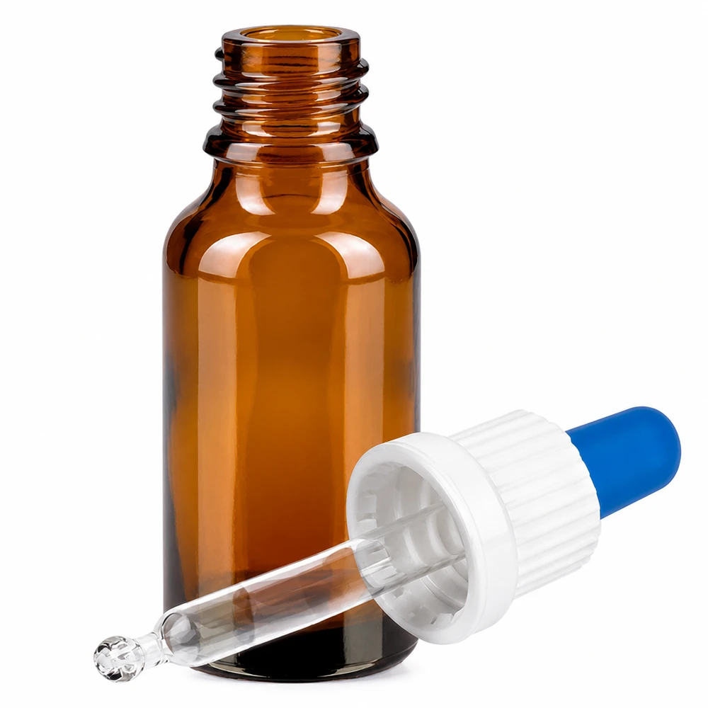Flacone contagocce compatto da 20 ml con tappo in gomma bianca e punta per pipetta blu