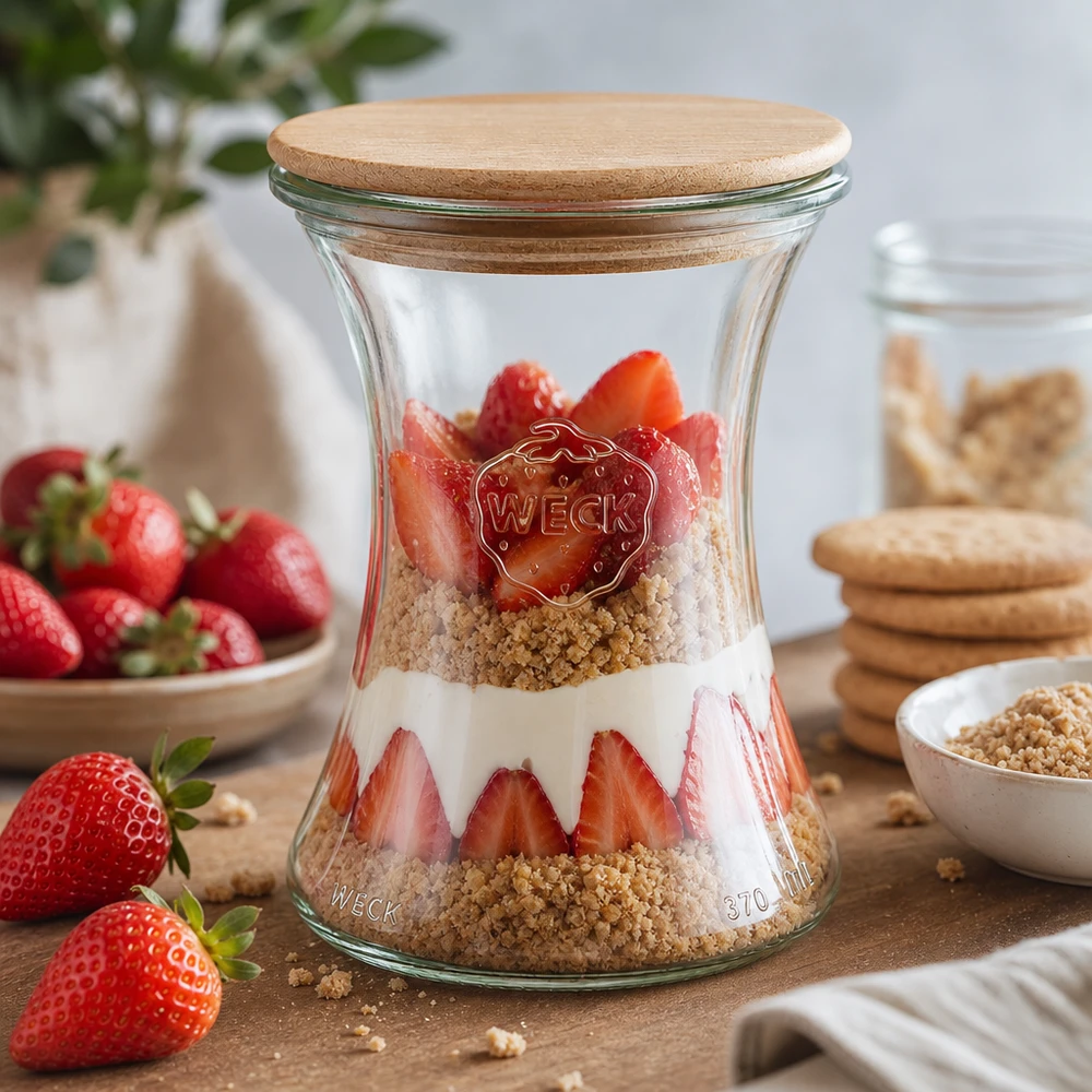 Vasetto WECK da 370 ml RR80 con coperchio in legno, riempito con fragole, granola e yogurt come dessert a strati.