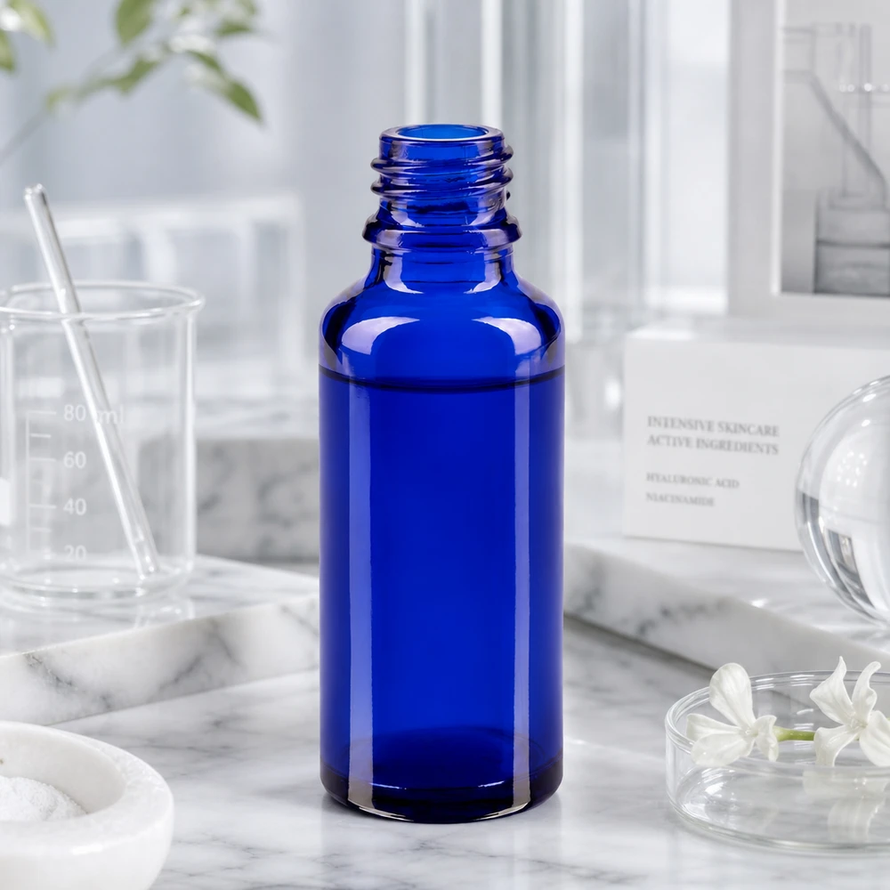 Tropfflasche 30ml DIN 18 BLAUGLAS 30ml ApoGlas Apothekenflasche Kobaltblau zur Abfüllung von Hyaluronsäure und Niacinamid