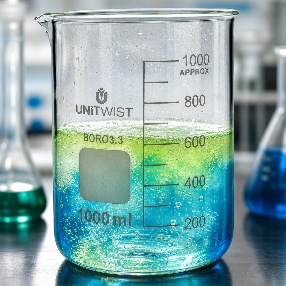 Becherglas 1000ml Borosilikat, niedrige Form UNiTWIST Transparentes Becherglas 1000ml BORO3.3 niedrige Form mit sprudelndem grünem Flüssigkeitsinhalt