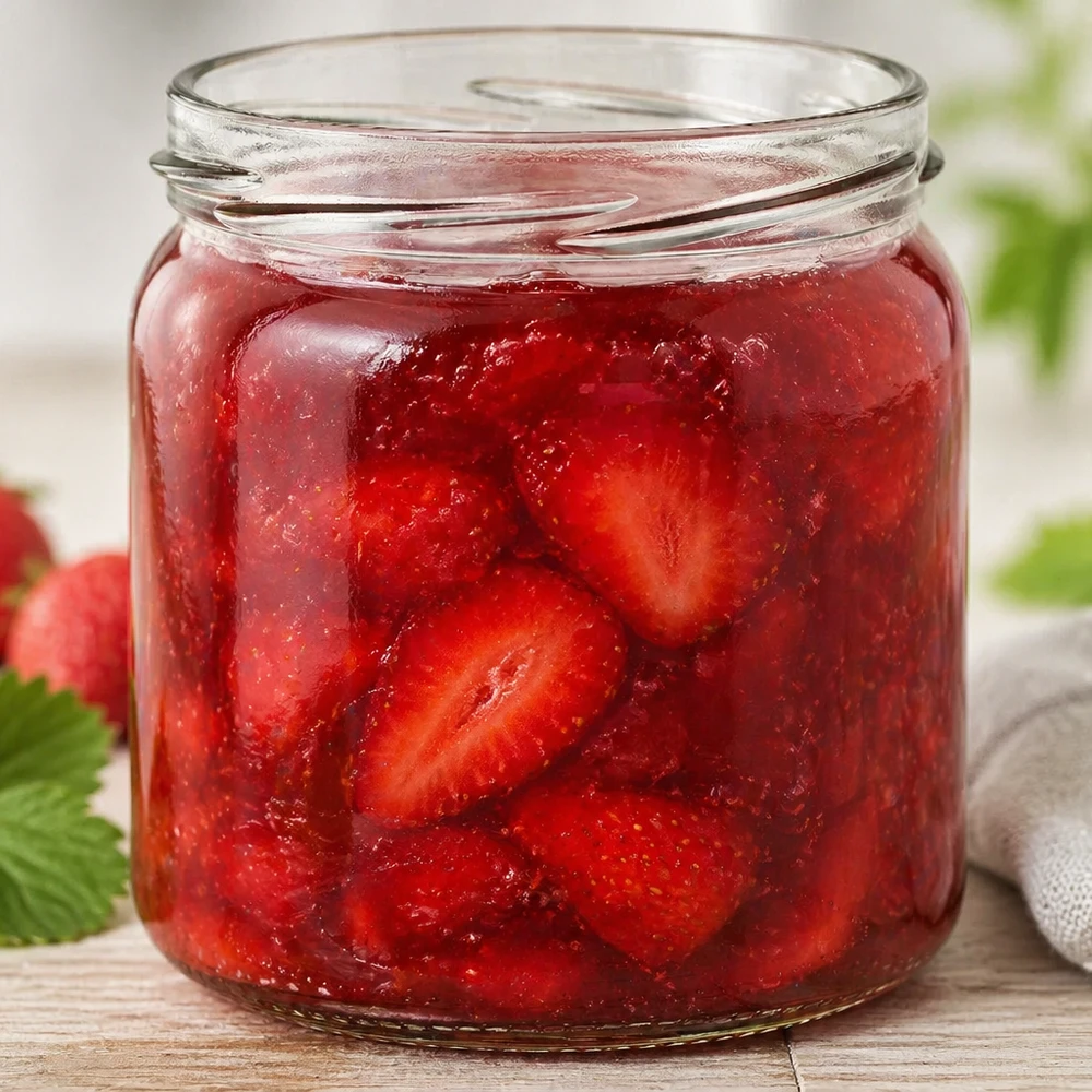 UNiTWIST Runda408 Rundglas 408ml gefüllt mit hausgemachter Erdbeermarmelade zeigt praktische Verwendung als Einmachglas